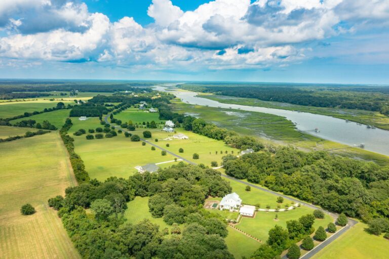 Anchorage Plantation from the air. Overlooking homes and Bohicket Creek