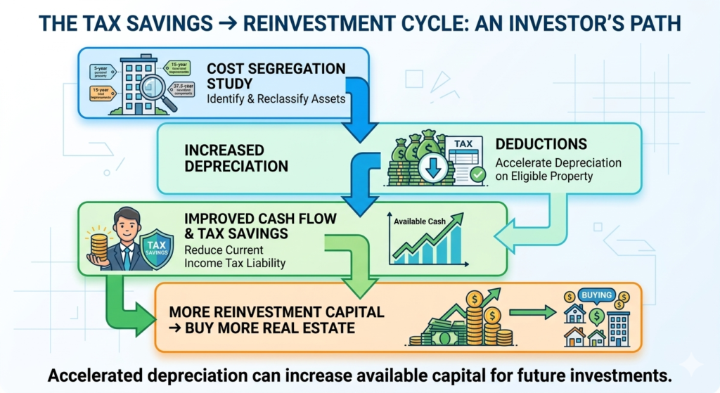 The Tax Savings, Reinvestment Graphic show the possible benefits of doing a cost segregation study