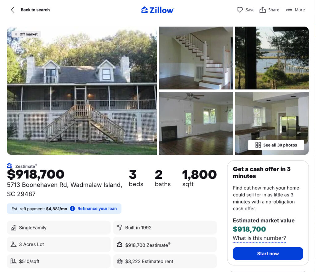 Feburary 2026 Zillow Zestimate for the listing in our Real Estate Case Study In Wadmalaw Island SC
