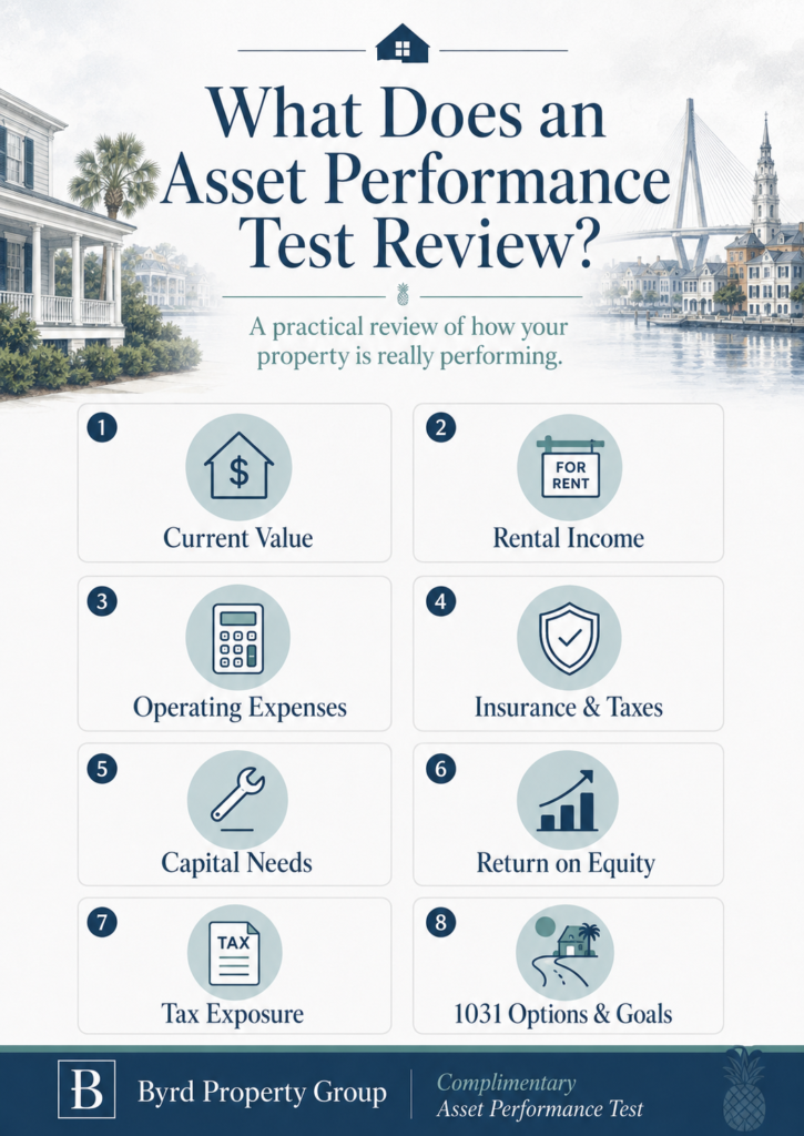 In an Investment Property Performance Review these are the items and asset performance test takes into consideration.